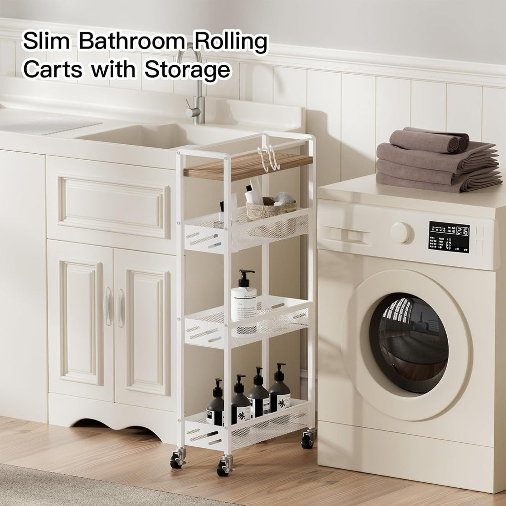 DGSNADGO Slim Rolling Storage Cart, 4-Tier Kitchen Cart on Wheels, Narrow Utility Cart with Handle and Wooden Tabletop for Small Space in Kitchen, Living Room, Bathroom, Laundry Room, Beige and White