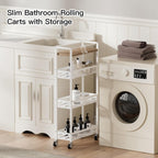 DGSNADGO Slim Rolling Storage Cart, 4-Tier Kitchen Cart on Wheels, Narrow Utility Cart with Handle and Wooden Tabletop for Small Space in Kitchen, Living Room, Bathroom, Laundry Room, Beige and White
