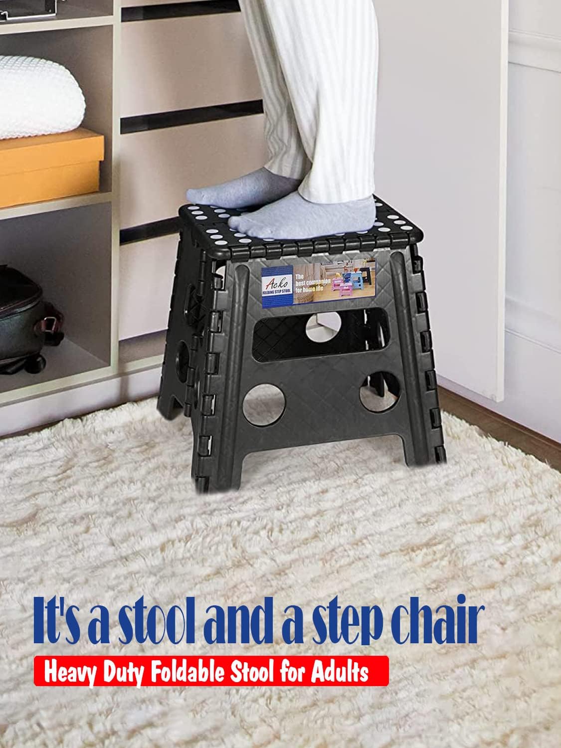 ACKO 13 Inch Folding Step Stool 3-Piece Set, 300 LB Capacity Plastic Foldable Stools with Handle, Non-Slip Bundle (Black & Black & Black)