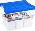 loobuu Plastic Storage Bins with Lids, Art Craft Supply Organizer Box with Brush Pot, Multipurpose Stackable Storage Containers for Organizing Tool, Craft, Crayon,Sewing (Blue)