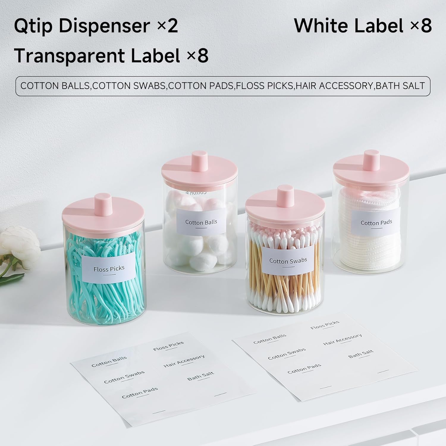 TIPGO Glass Qtip Holder Dispenser for Bathroom - 10 oz Clear Canister Apothecary Jar for Cotton Swabs, Balls, Pads, Floss Picks, Small Containers for Makeup Storage Organizer (2 Pack, Pink)
