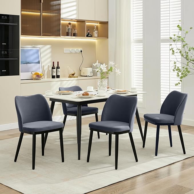 Wooden Dining Chairs Set of 4, Upholstered Kitchen Dining Room Chairs with Padded Seat and Wood Legs, Modern Fabric Side Dinner Chair for Kitchen, Dining Room, Restaurant, Cafe