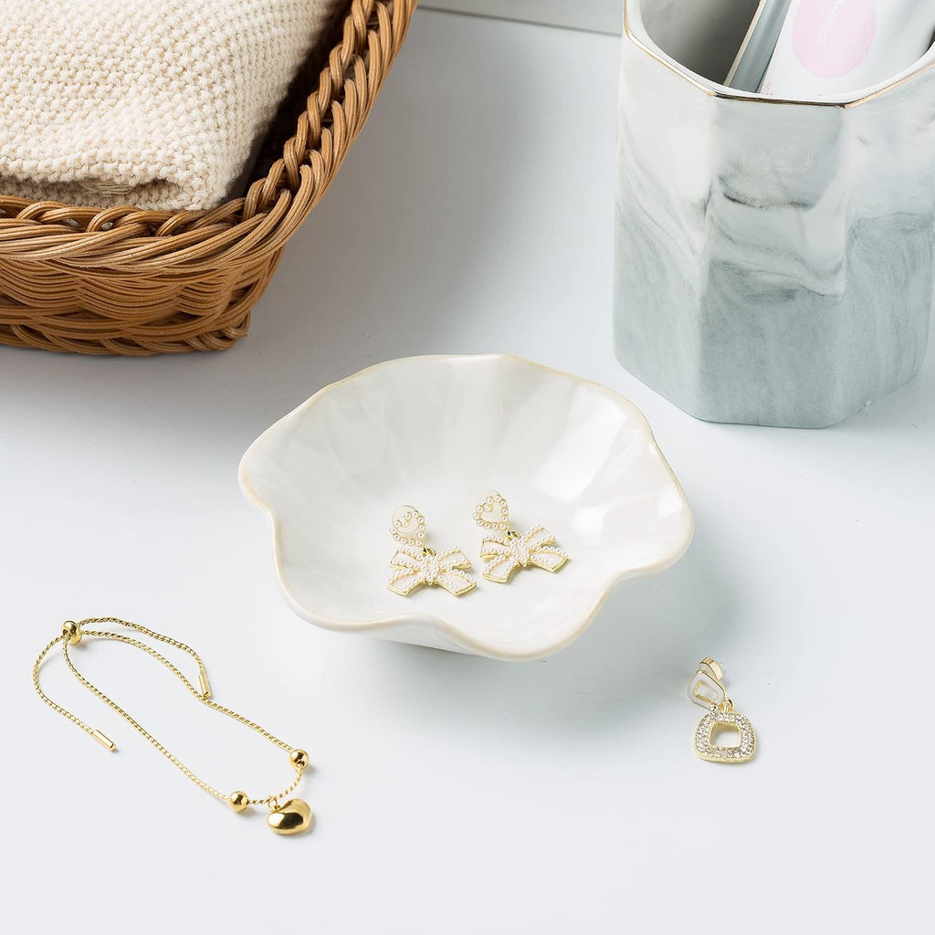 BEUNAIZER Jewelry Dish Tray, Ring Dish, Ceramic Trinket Tray, Key Bowl, Decorative Plate, for Friends Sisters Daughter Mother (Milky White)