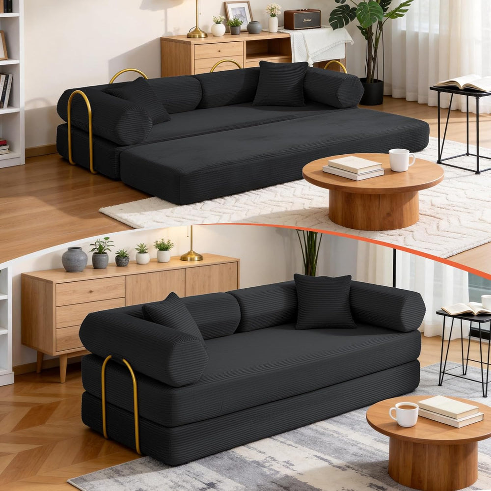 79" Corduroy Sofa Bed, Couch in a Box with 2 Pillows, High-Density Foam ...