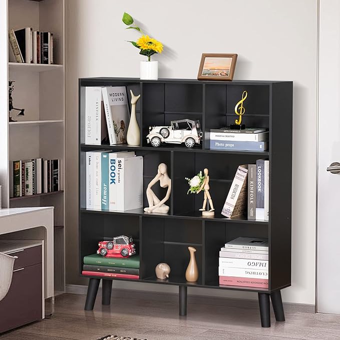 YAHARBO 8 Cube Bookshelf,3 Tier Bookcase with Legs,Black Mid-Century Modern B...