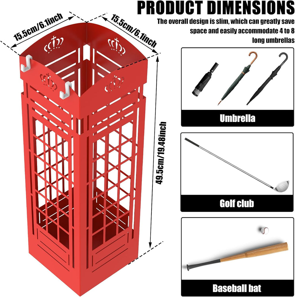 Square Metal Umbrella Holder, Square Free Standing Umbrella Rack Decorative Umbrella Holder Hollow Cutout Pattern Design for Umbrella Cane Entryway Home Office 19.49" X 6.1" X 6.1"(Red hollowed out)