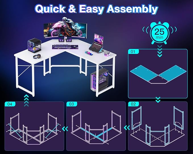 Casaottima L Shaped Gaming Desk, Corner Desk Gaming Table for Home Office, Computer Desk Sturdy Writing Workstation for Small Space, Easy to Assemble, 51 inch, Carbon Fiber Surface, White