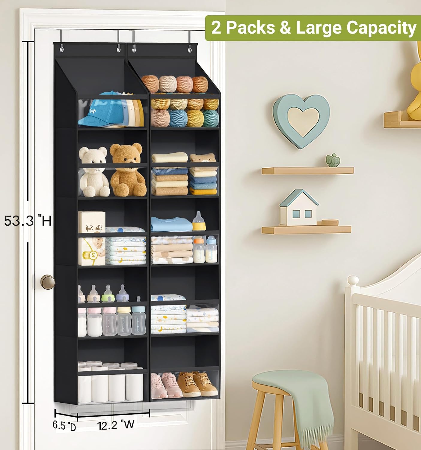 AOODA 2 Pack Over the Door Organizer, Large Capacity Closet Door Hanging Organizer, Clear Deep Pockets Baby Storage for Nursery, Bathroom, Bedroom, Pantry, Diapers (Black)
