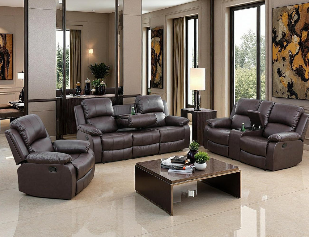 Manual Reclining Couch Sofa Set with Drop-Down Table, 3 Pieces Brown Leather ...