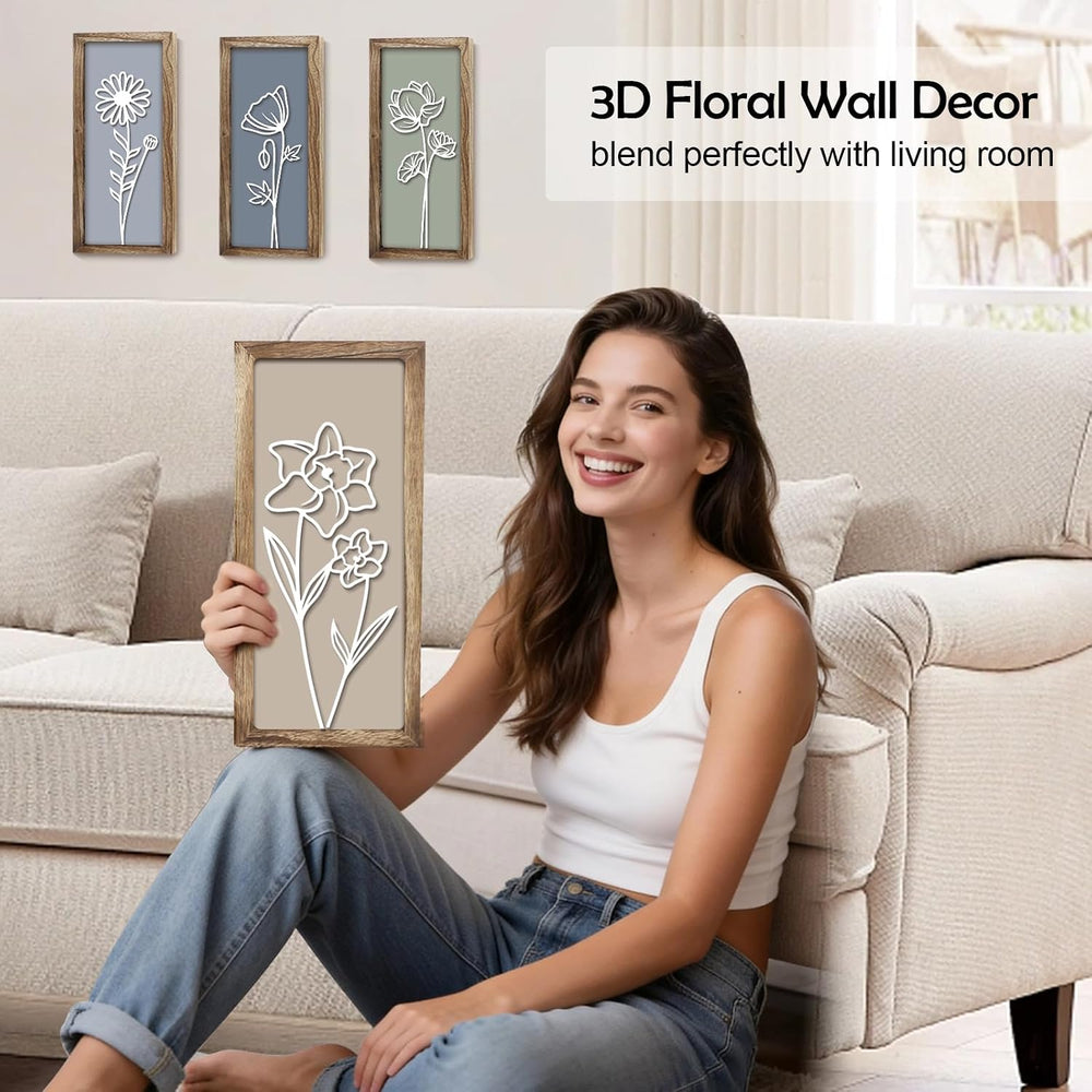 3D Wooden Floral Wall Art, 4 Pcs 7 x 16 Inch Flower Wood Carving Framed Bathr...