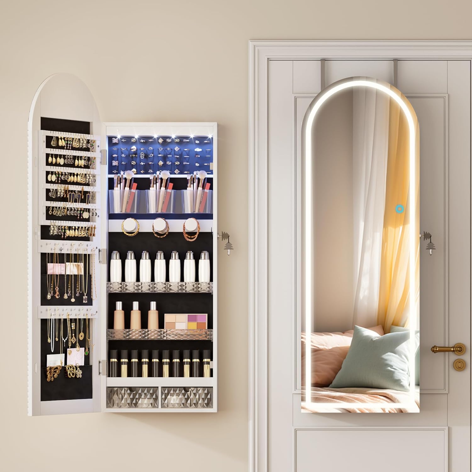 LVSOMT Wall Mounted Jewelry Organizer Lockable, 43"x16" Door Hanging Arched Mirror with Lights and Jewelry Storage, 6 LEDs Jewelry Cabinet (White)
