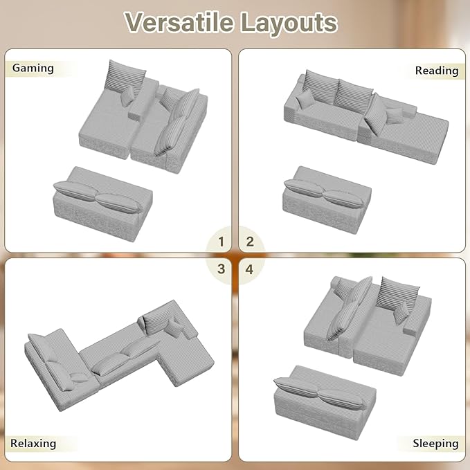 166.9" Cloud Sectional Couch with L-Shape Chaise, Upholstered Corduroy Couches Sleeper with Deep Seat, Modern Modular Comfy Sofa Chaise Longue for Living Room Bedroom, No Assembly Required, Grey