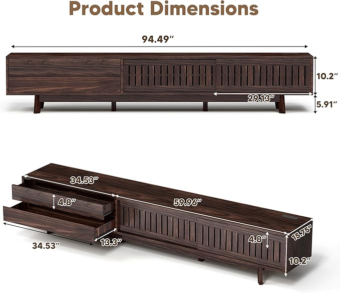 Mid Century Modern TV Stand for 100 Inch TVs, 94.5" Entertainment Center with Storage & Power Outlet, Media Console w/Drawers and Sliding Door, Television Stands for Living Room, Walnut