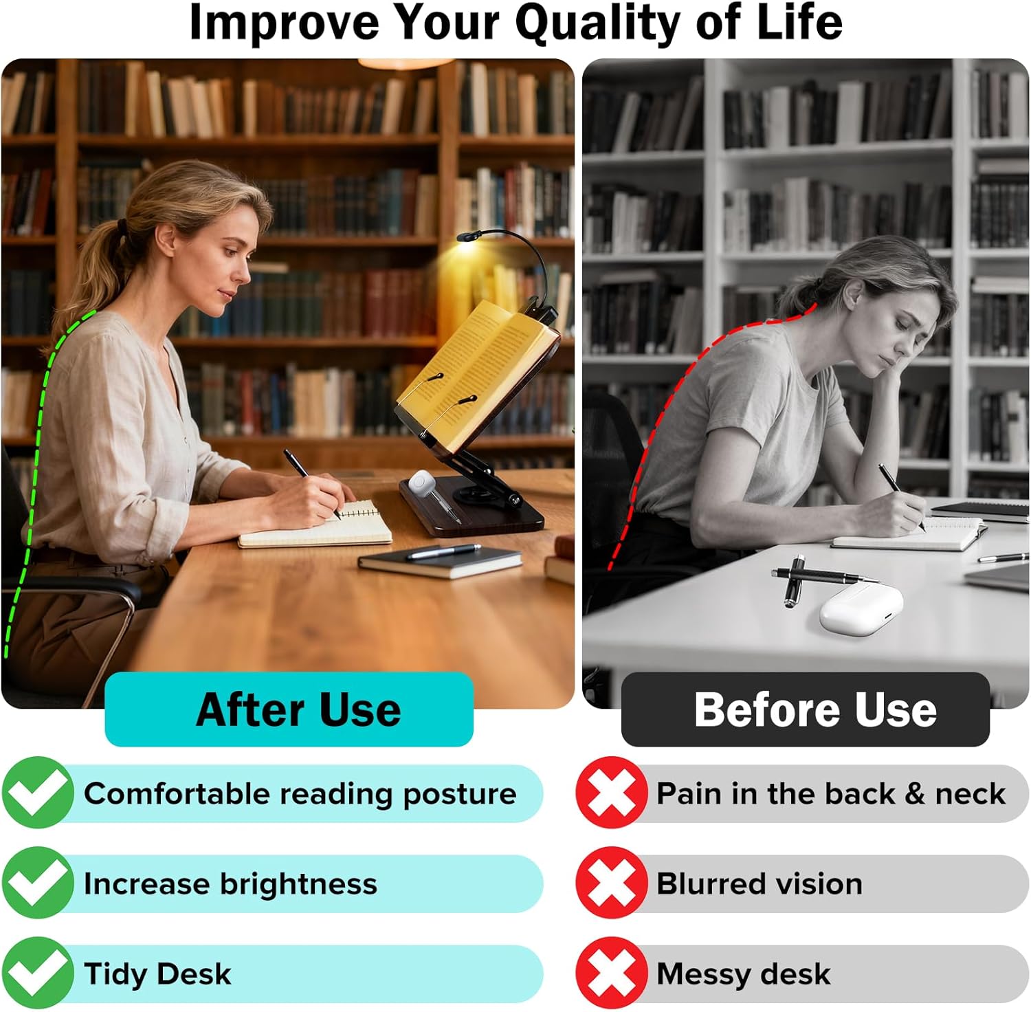 Book Stand with Light & Storage, Book Holders for Reading Hands Free, Wooden Cookbook Stand with Adjustable Height & 360 °Angle for Recipe,Magazine,Laptop,Tablet, Bible