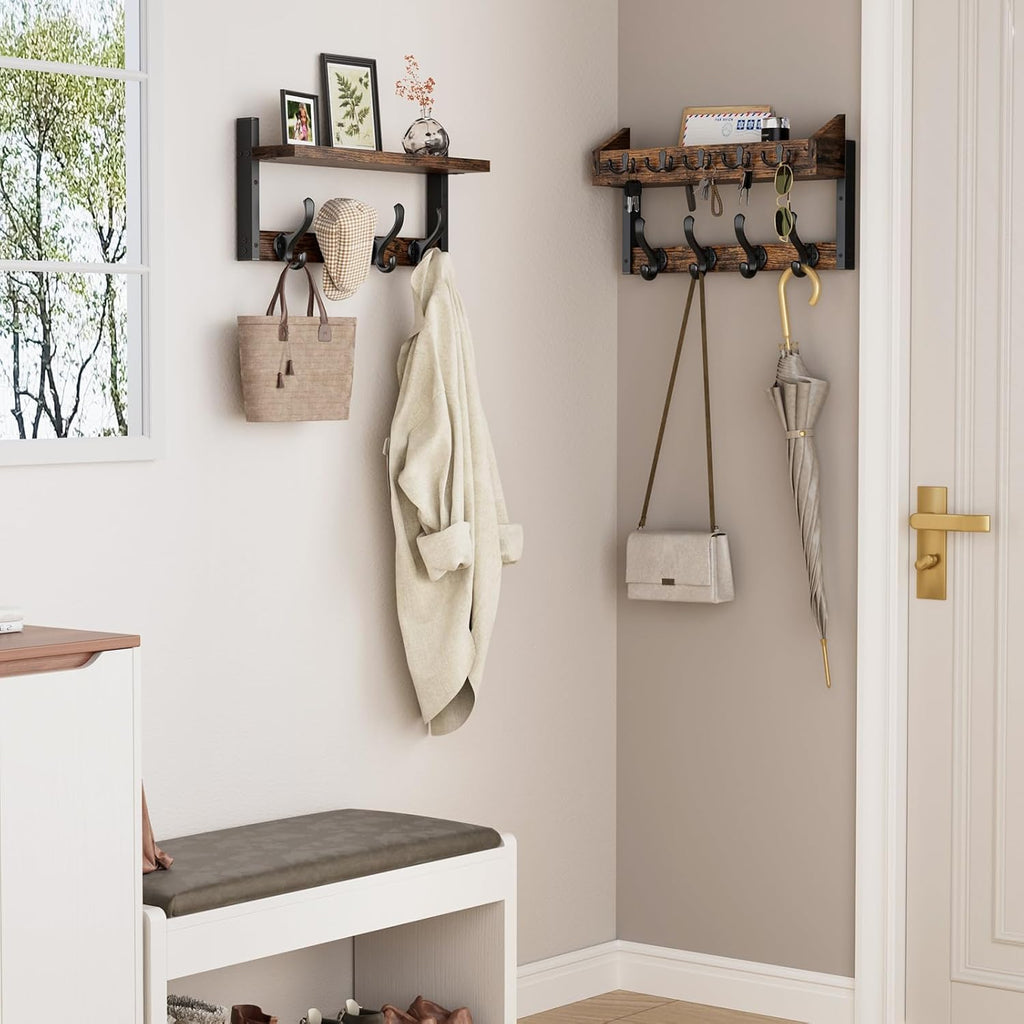 Evermagin 35" Coat Rack Wall Mount with Shelf, 4 in 1 Coat and Key Hanger with 13 Metal Hooks, Entryway Wall Mounted Shelf with Mail Holder for Living Room, Bedroom, Rustic Brown