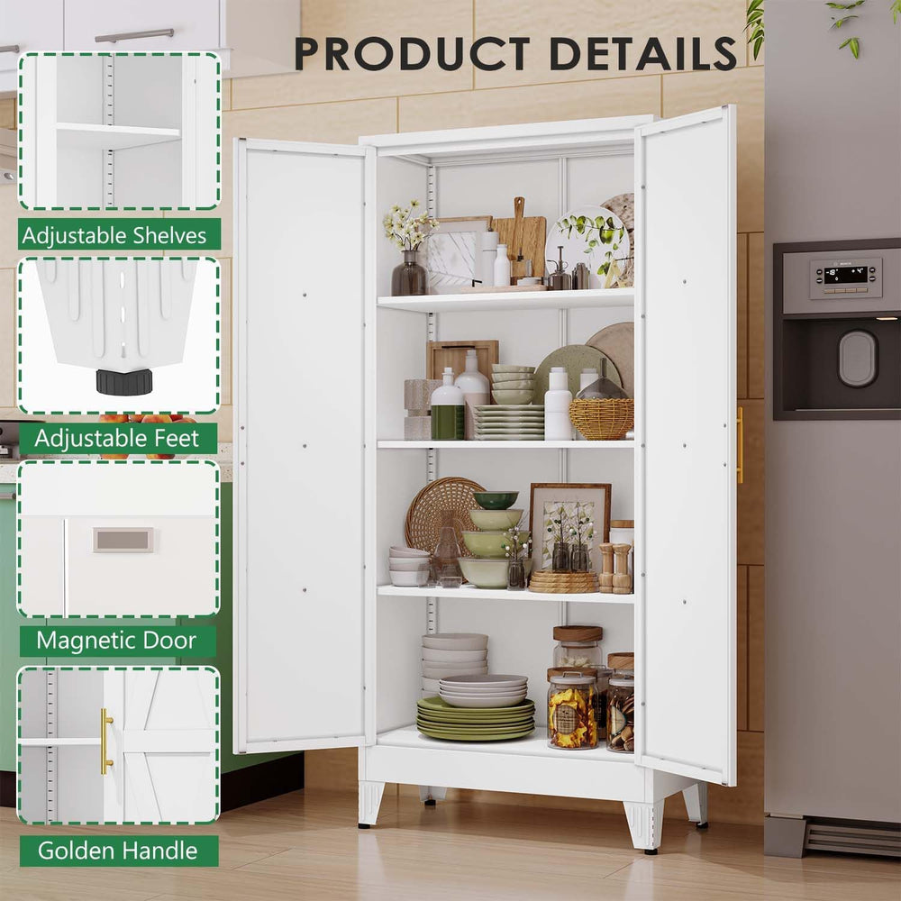 61" Kitchen Pantry Cabinet, Metal Storage Cabinet with 2 Doors and 3 Adj...