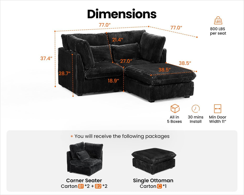 84" Oversized Corduroy Modular Sectional Sofa, Extra Deep 3-Seater Sofa Fluffy Cloud Couch with Ottoman, Sectional Sleeper Sofa for Living Room, L-Shaped, Plush Corduroy, Black