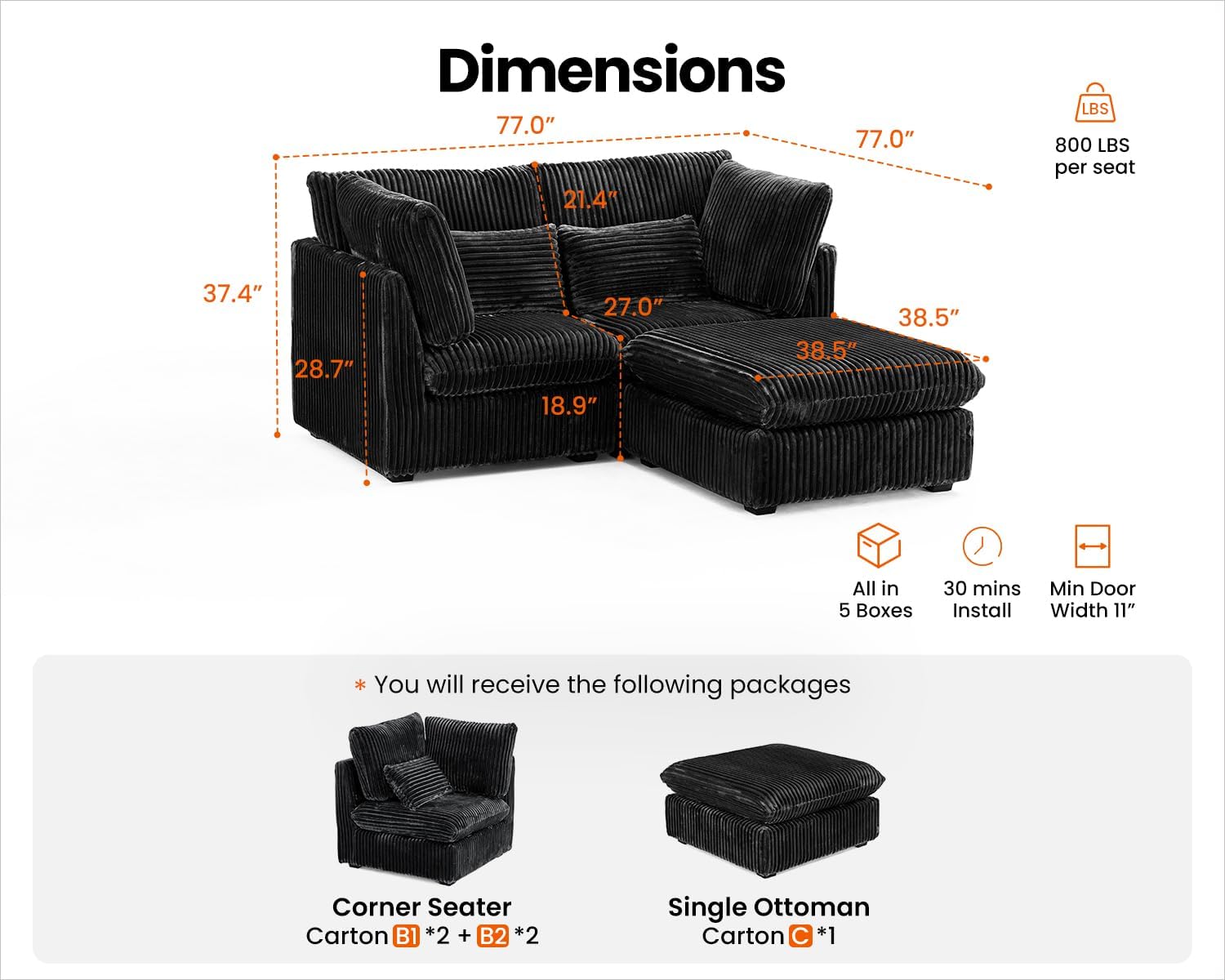 84" Oversized Corduroy Modular Sectional Sofa, Extra Deep 3-Seater Sofa Fluffy Cloud Couch with Ottoman, Sectional Sleeper Sofa for Living Room, L-Shaped, Plush Corduroy, Black