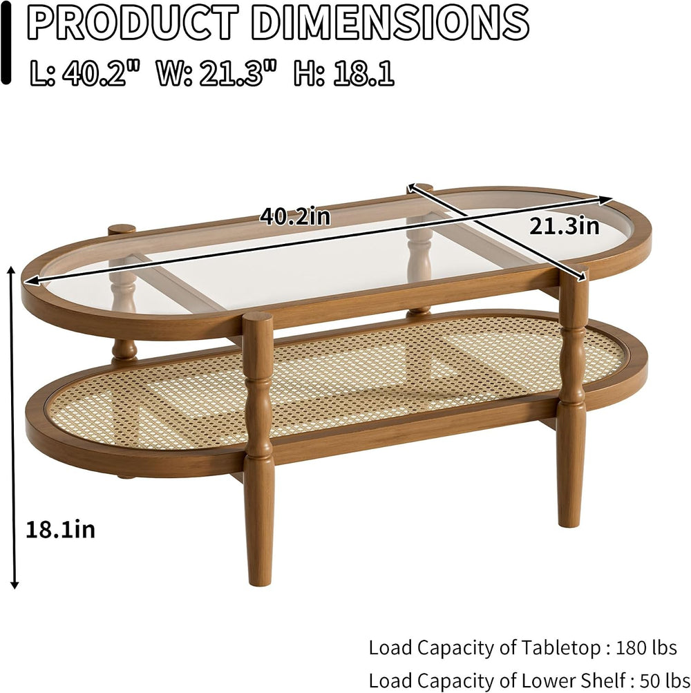 Rattan Coffee Table for Living Room, Oval Wood Glass Table, Brown, 40 inch