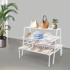 Nesting Tables for Retail Display, 3 Tier Metal Shoe Handbag Display Stand, Modern Retail Display Tables for Boutiques, Floor Standing Double Side Display Riser Shelf for Clothing Stores (White)