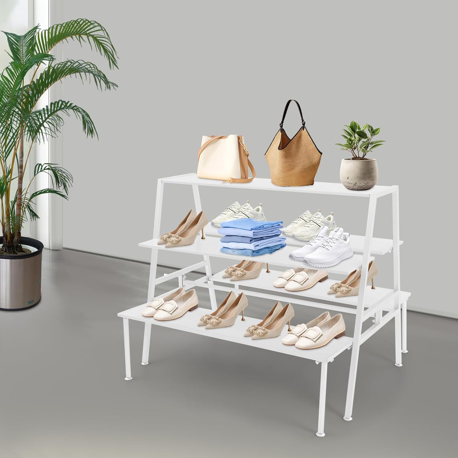 Nesting Tables for Retail Display, 3 Tier Metal Shoe Handbag Display Stand, Modern Retail Display Tables for Boutiques, Floor Standing Double Side Display Riser Shelf for Clothing Stores (White)