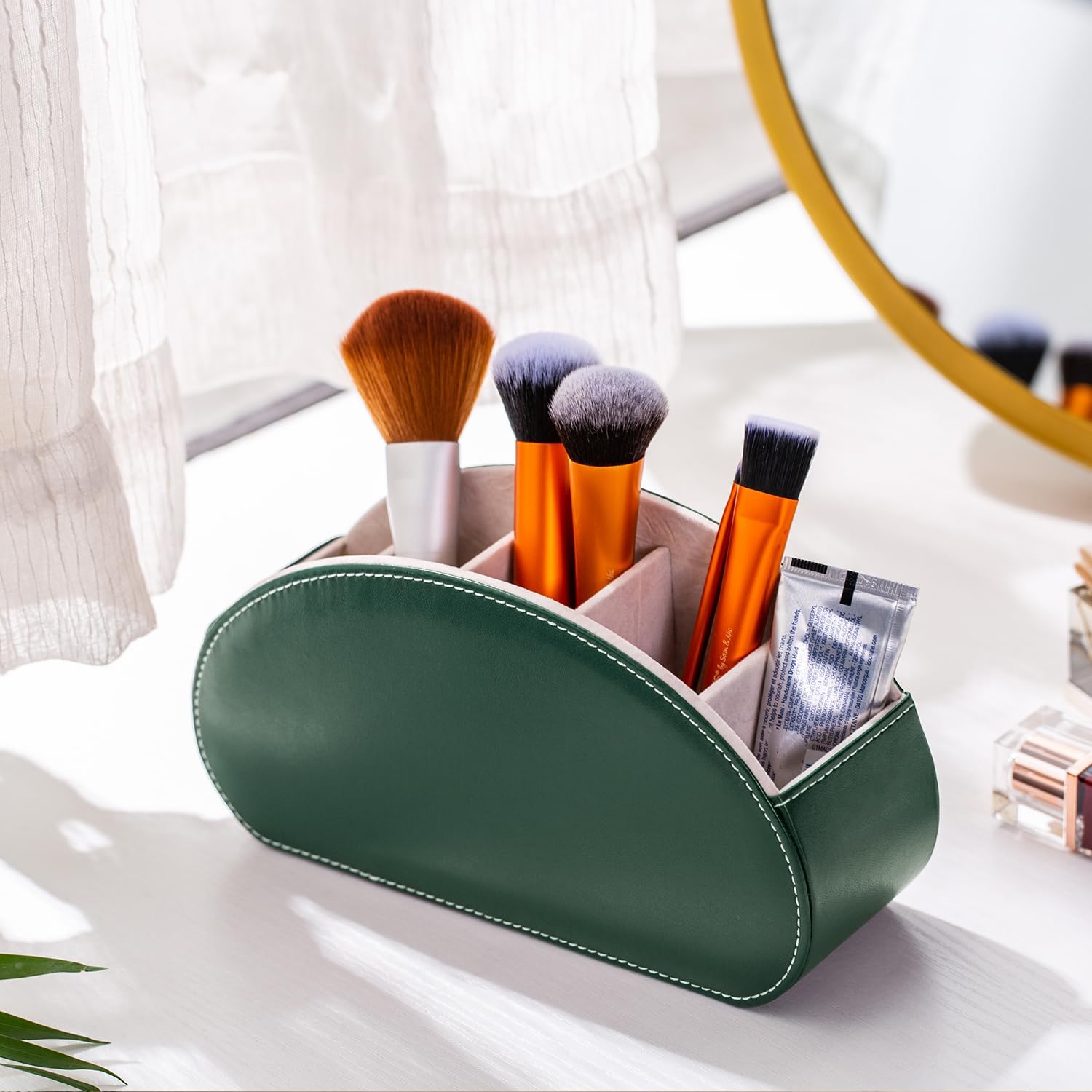 Remote Control Holders Organizer Box with 5 Compartment PU Leather Multi-functional Office Desk Storage Caddy Store Tv Remote for Media Player,Brush,Pencil,Glassees&Office Supplies (Dark Green)