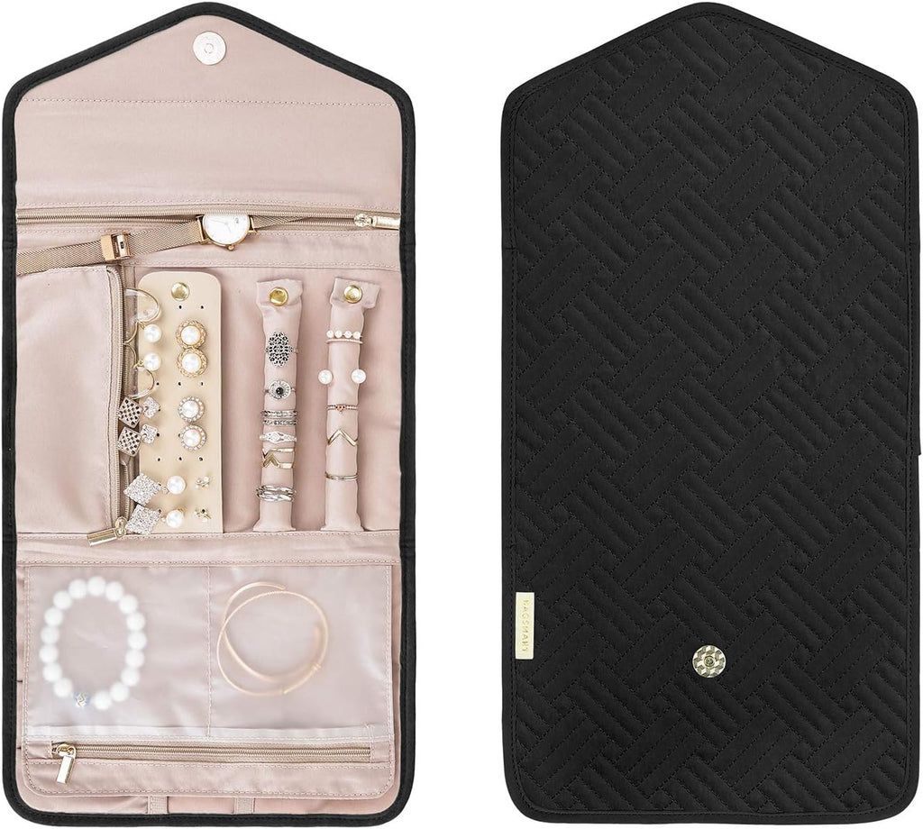 BAGSMART Travel Jewelry Organizer Roll Foldable Jewelry Case for Journey-Rings, Necklaces, Bracelets, Earrings, Black