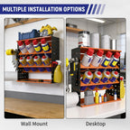 Wall Mount Spray Can Holder, Aerosol Spray Bottle Holder Storage Rack, Heavy-Duty Paint Bottle Organizer with 8 Can Holes & 4 Steel Hooks, 4 Plastic Hooks for Garage, Shop, Home or Tool Trailer