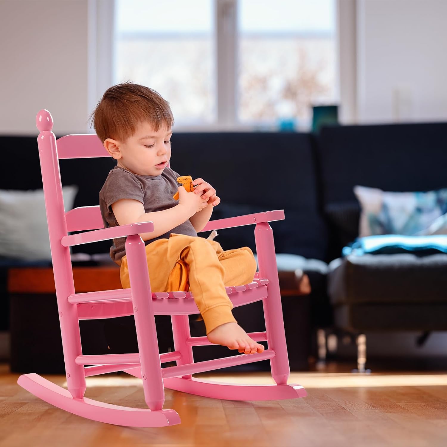 Kids Rocking Chair, Design Support Ages 3-6 for Outdoor, Pink | Solid Wood Toddler Baby Rocker, High Backrest & Rounded Armrests and Ergonomic, Living Room or Reading Room Use