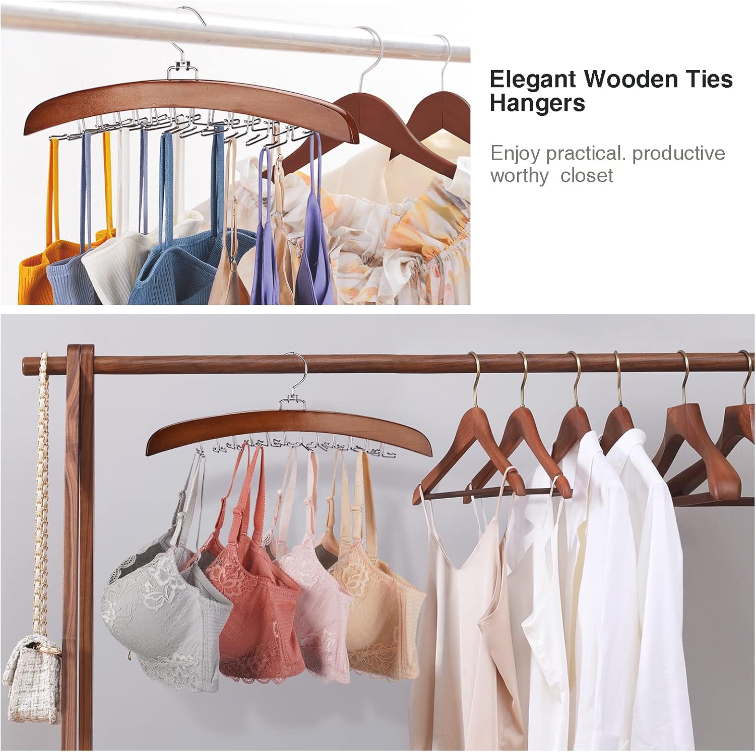 Tie Rack Tie Hanger 24 Hooks Wooden, Tank Top Hanger,Belt Organizer for Closet,with Upgraded 360°Rotating, Belts Scarves Accessories for Bras,Tank Tops,Camisoles…