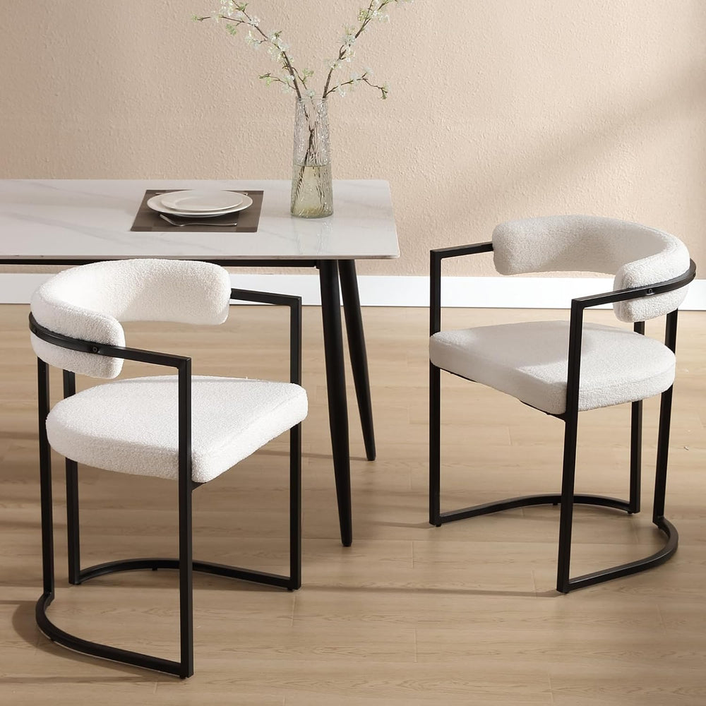 Barrel Dining Chairs Set of 2, White Boucle | Soft Boucle Upholstered Modern ...
