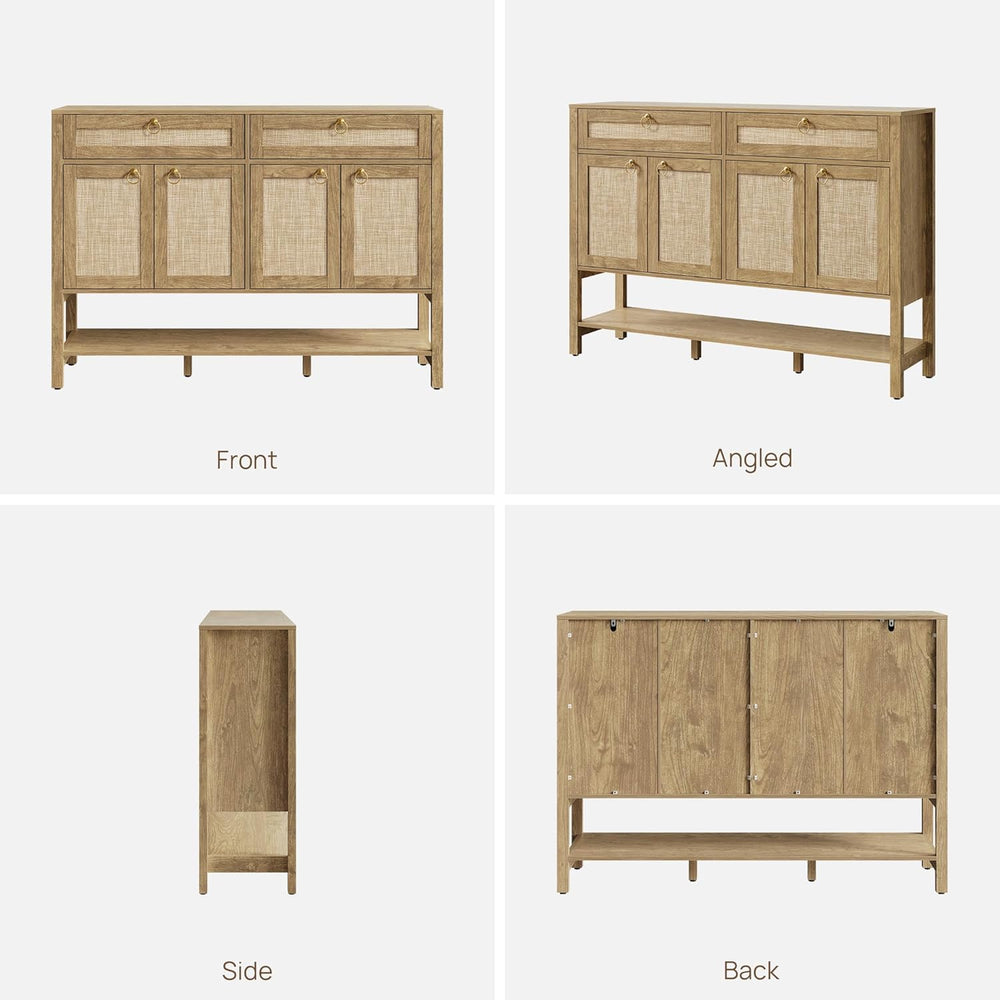 SICOTAS Rattan Sideboard Buffet Cabinet with Open Storage - Large Farmhouse C...
