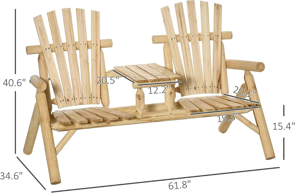 Adirondack Loveseat Chair, 2-Seat Wooden Patio Bench with Built-in Table, Out...
