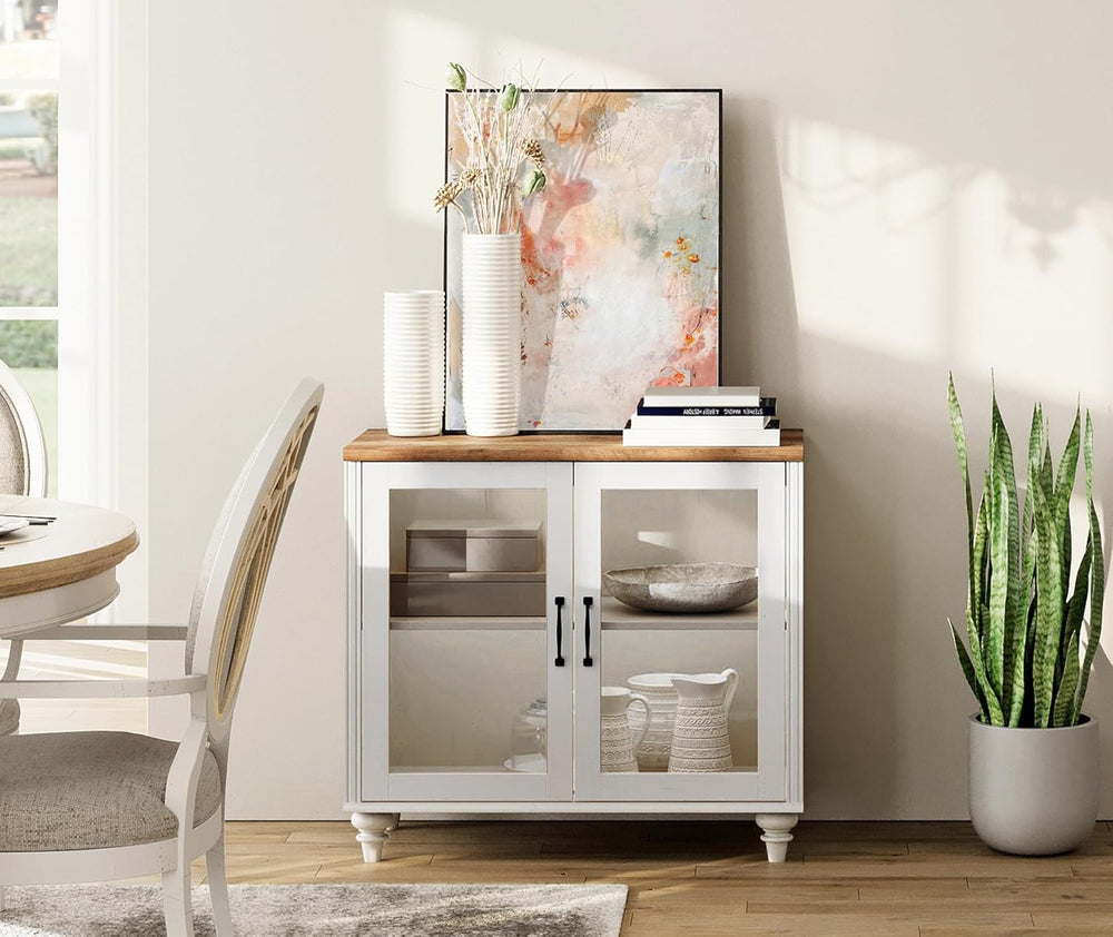 WAMPAT Sideboard Buffet Cabinets with Glass Door, White, 34"