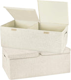 2 Pack Large Storage Boxes with Lids and Handles, Collapsible Linen Storage Bins Organizer Containers Baskets Cube with Removable Divider for Home Bedroom Closet Office (Cream, Small)
