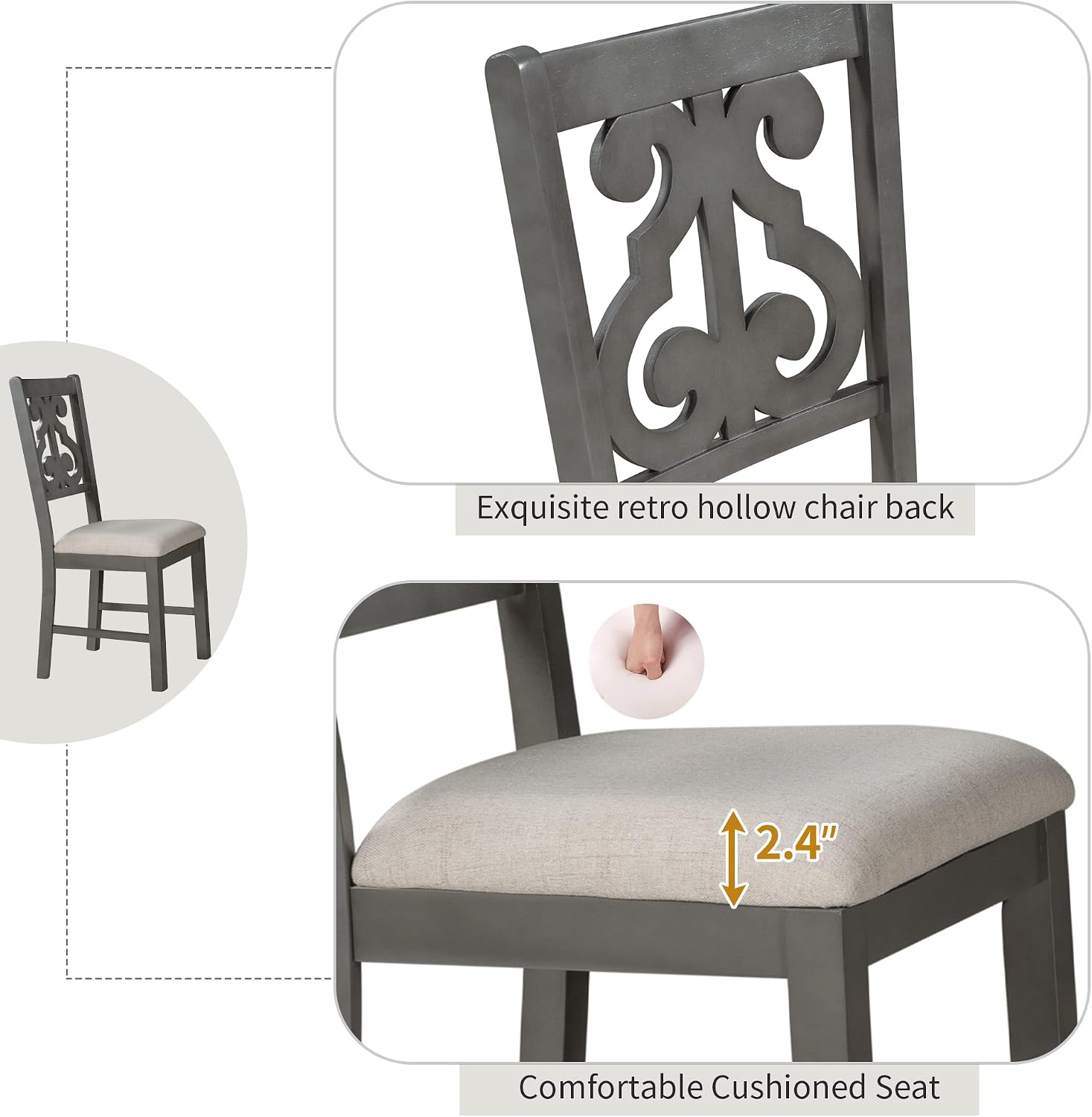 Merax 5 Piece Round Dining Table Set 4 Retro Chairs with Special-Shaped Table Legs, Exquisitely Designed Hollow Chair Back for Dining Room, Grey