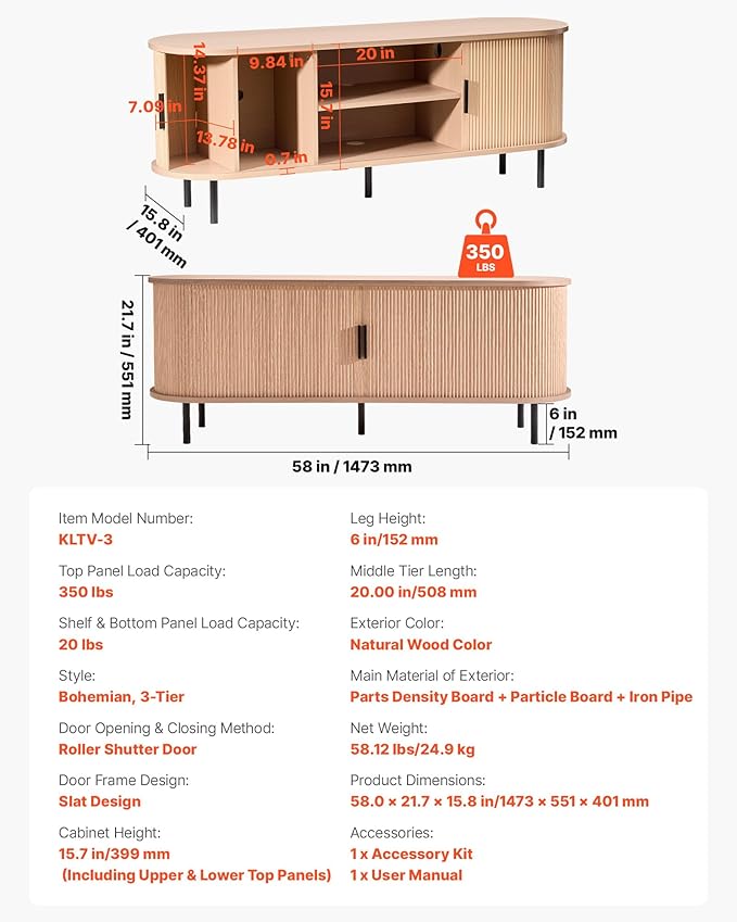 VEVOR Fluted TV Stand for TVs up to 65 inch, Mid-Century Modern Entertainment Center, Media Console with Storage Cabinet and Sliding Tambour Door, Boho Television Stand for Living Room, Bedroom, Oak