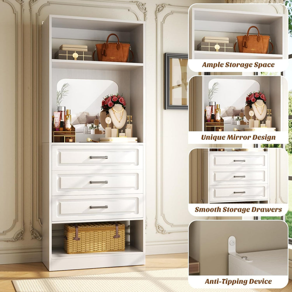 Unikito 25" Closet System with 3 Drawers and Mirror, Wardrobe, White | F...