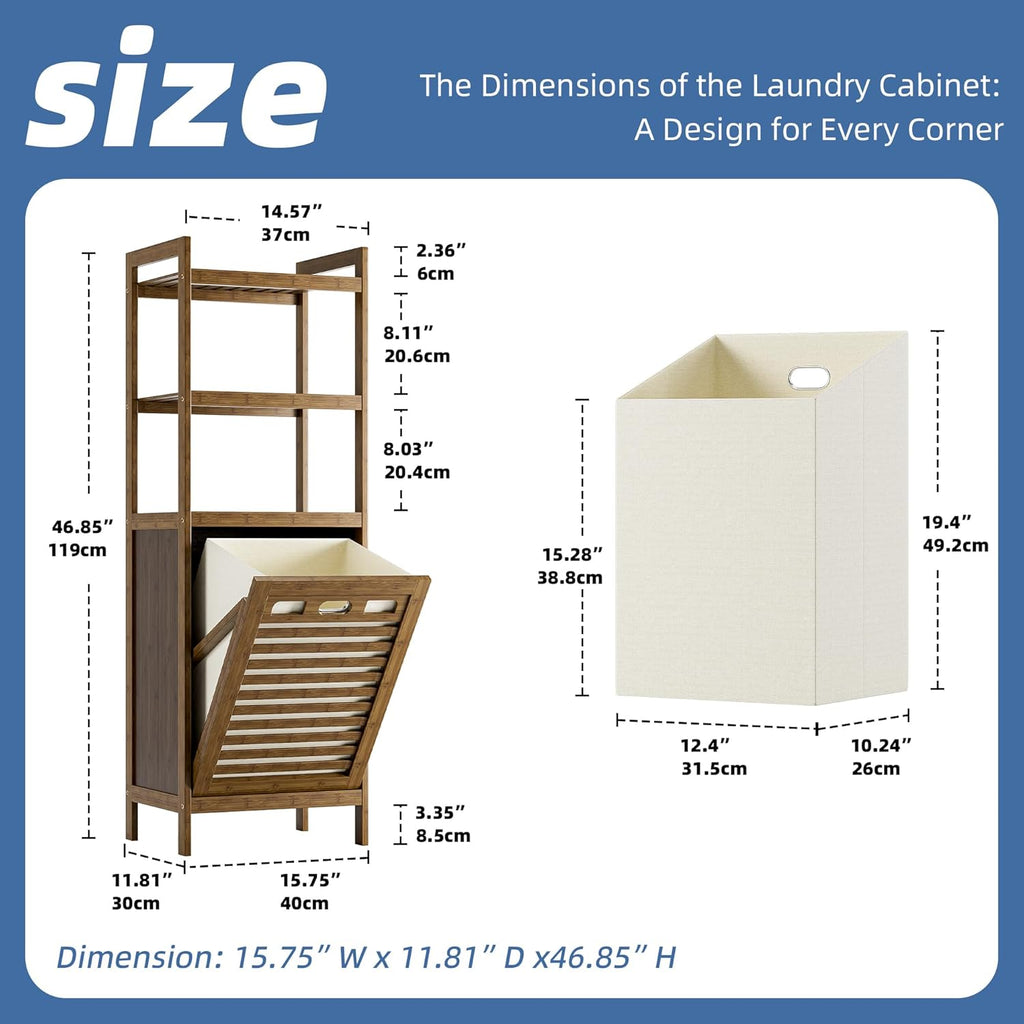 HITNET Bamboo Tilt Out Laundry Hamper, Bathroom Storage Cabinet with Hidden Removable Basket and 3 Open Shelves, Space Saving Bamboo Storage for Clothes, Towels and Toys, Walnut