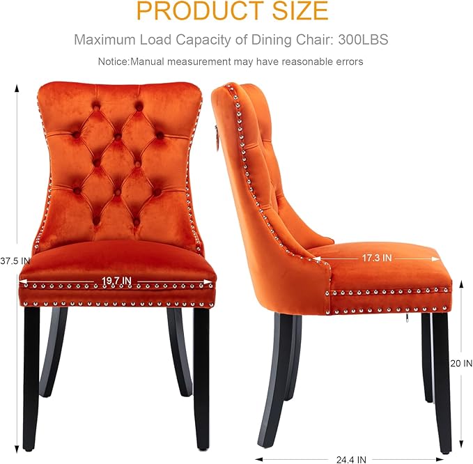 Velvet Dining Chairs Set of 2, Tufted Upholstered Dining Room Chairs with Back Ring Pull, Nailhead Trim and Solid Wood Legs, Modern Dining Chairs for Dining Room, Kitchen,Orange