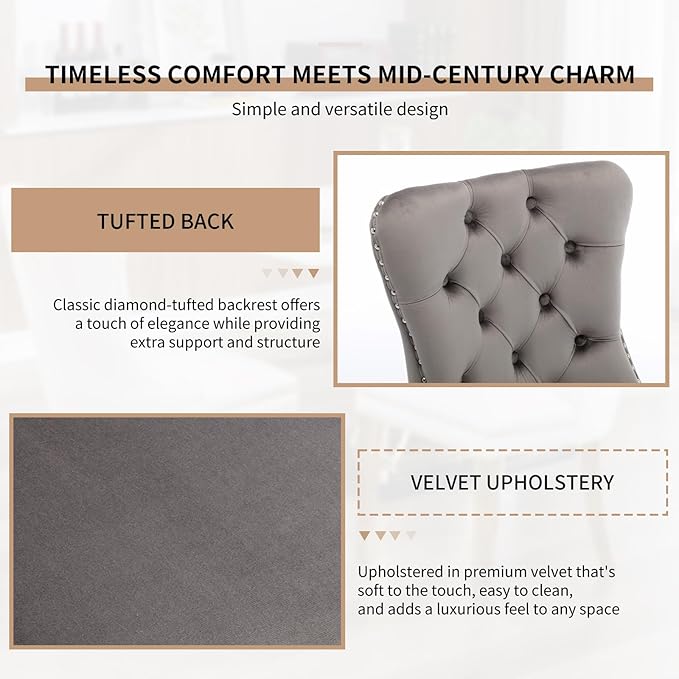 Mid Century Modern Dining Chairs Set of 4, Grey Velvet Upholstered Tufted Back, Kitchen & Dining Room Chairs, Brushed Silver Metal Legs, Nailhead Trim, Sillas para Comedor (Gray, 4 Pcs)
