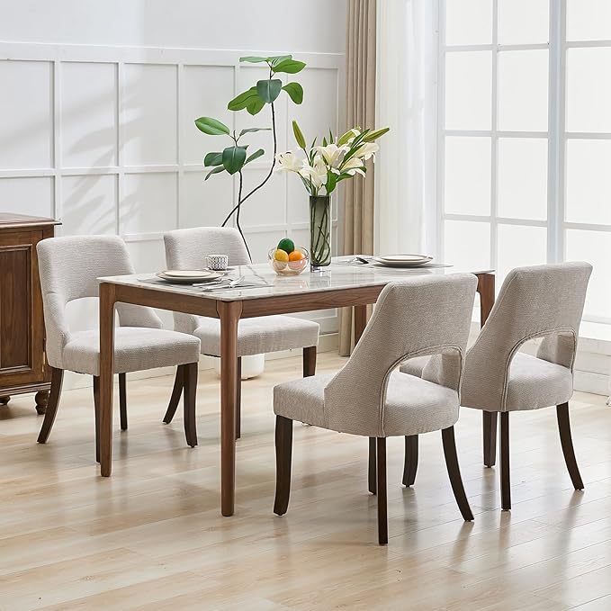 UVV Wooden Dining Chairs Set of 4, Mid Century Modern Upholstered Dining Room Chair Kitchen Chairs, Chenille Dinner Chair with Solid Wood Legs for Kitchen Dining Room, Light Grey