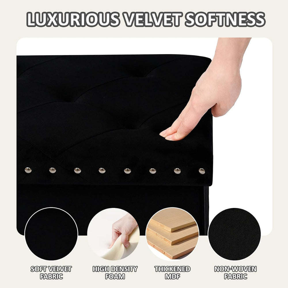 PINPLUS Folding Storage Ottoman Bench, Black Velvet | Compact Storage Chest w...