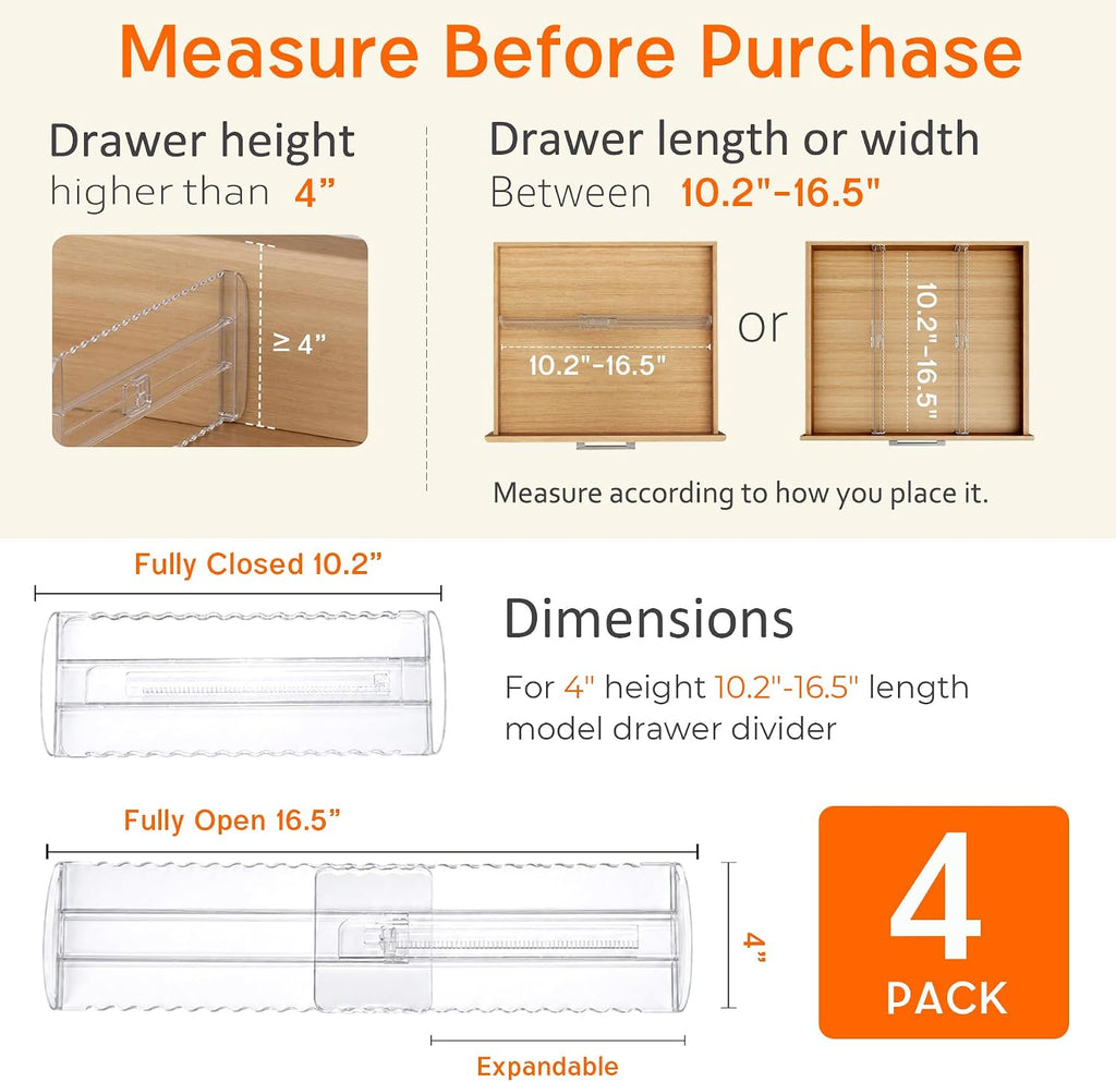 4 Pack 4" High Drawer Dividers for Clothes, 10.2"-16.5" Expandable Dresser Drawer Organizers, Adjustable Plastic Clear Drawer Separators for Kitchen, Baby Clothing, Socks, Underwear, Bedroom