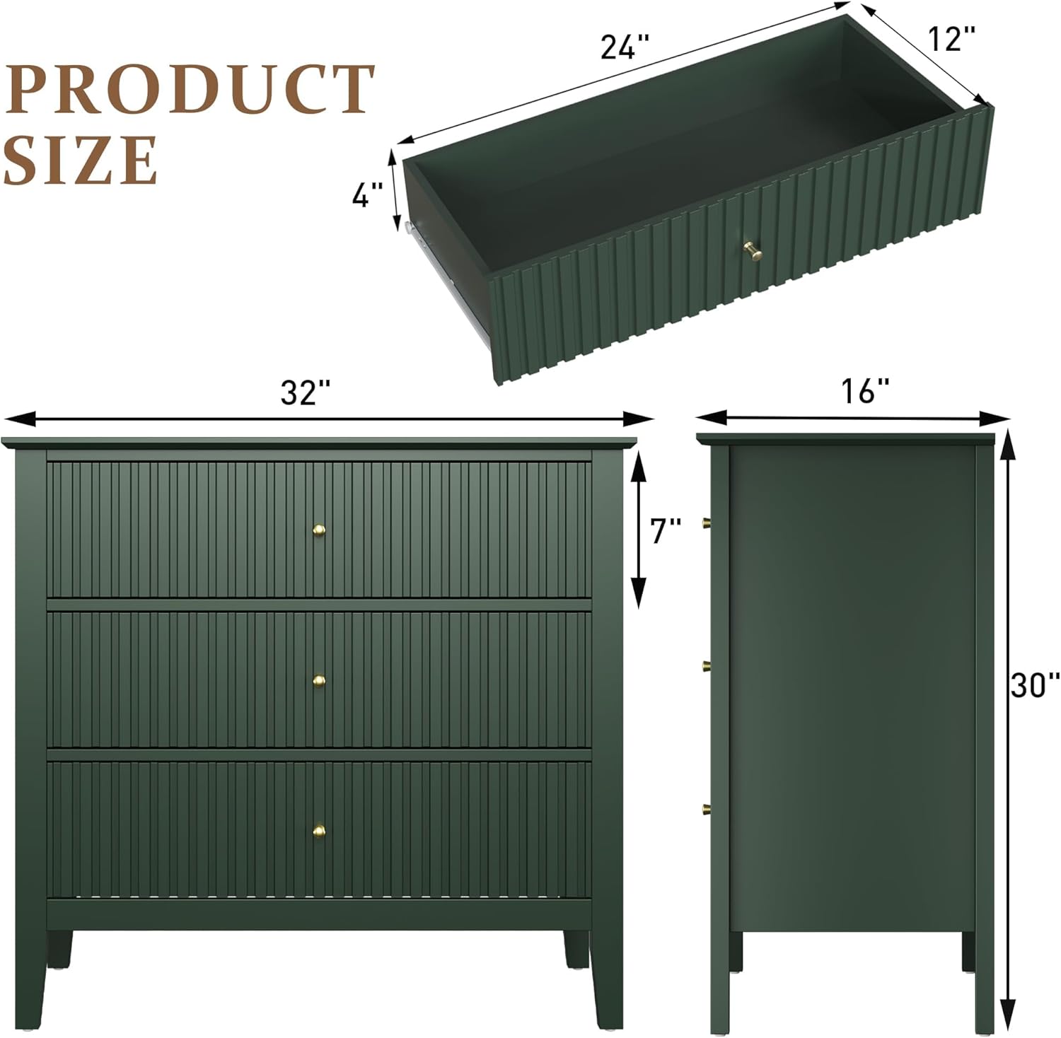 RoyalCraft Large 3 Drawer Dresser Set of 2, Fluted Chest of Drawers with Storage, Modern Painted 30 inch Tall Nightstand for Bedroom Living Room Entryway, Green