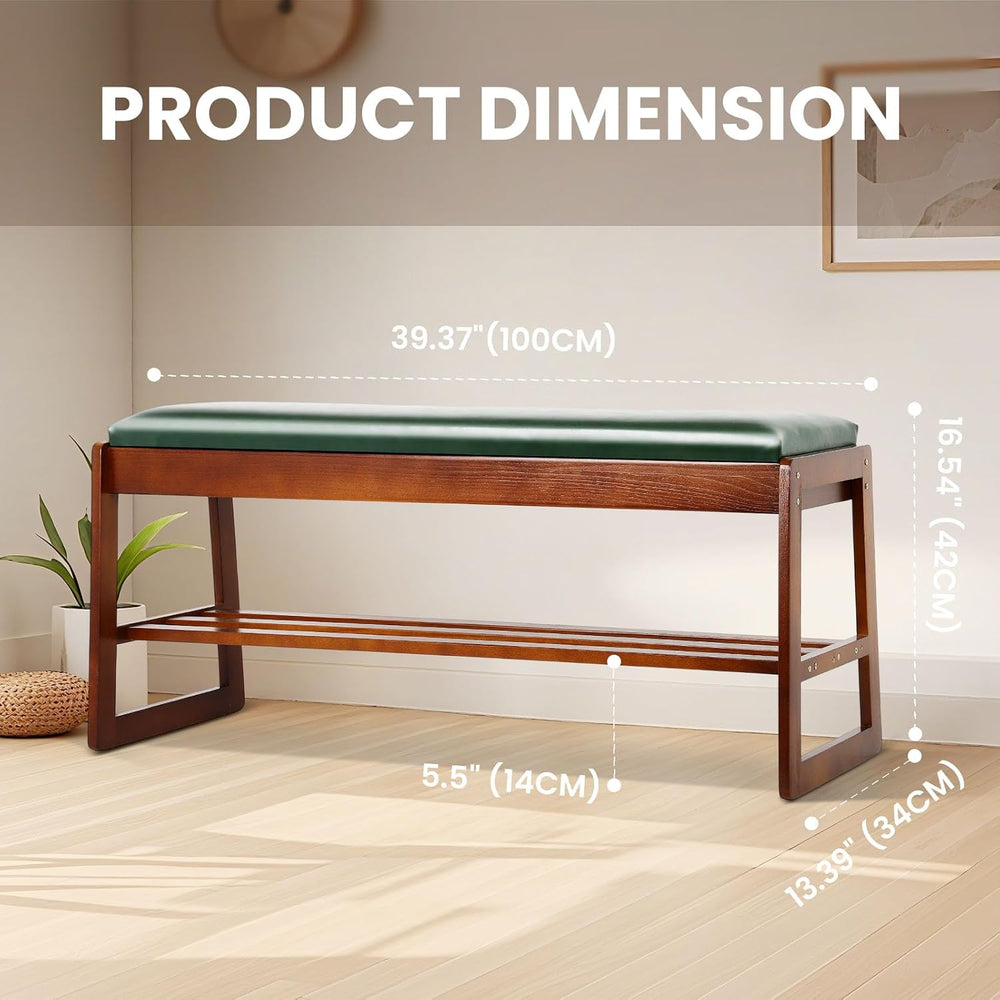 FAHKNS Shoe Bench with Leather Cushion 2 Tiers Shoe Rack 39.4" Rubberwoo...