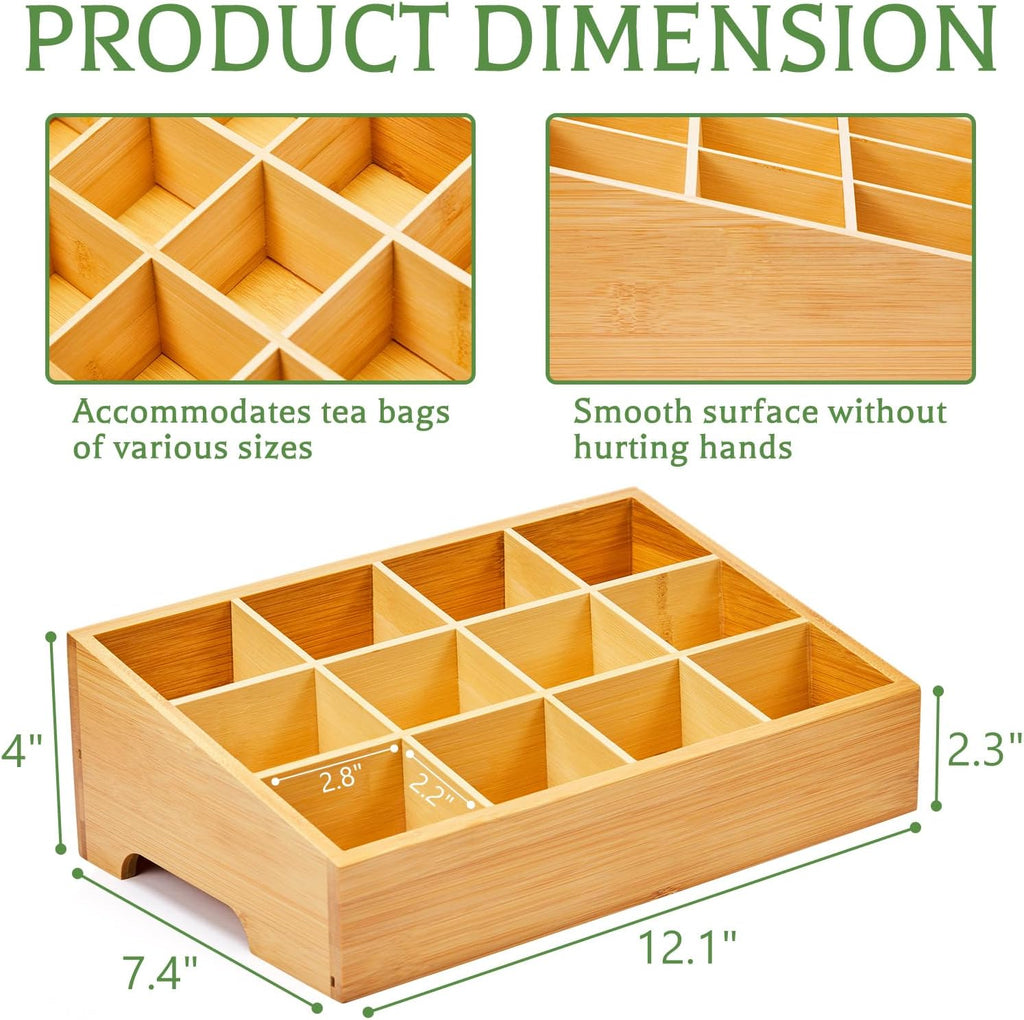 Tea Bag Organizer - Bamboo Tea Storage Organizer With 12 Compartments, 1 Layer Tea Organizer for Tea Bags Natural Bamboo for Countertop Office Kitchen Cabinet Pantry
