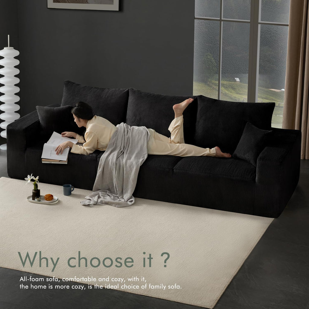 113" Modular Sectional Sofa Boneless U-Shaped Couches for Living Room | Modern Corduroy Cloud Couch Sofa with Memory Foam Deep Seat and Non-Slip Base, No Assembly, Black