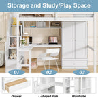 mikibama Full Size Solid Pinewood Loft Bed with Storage Stairs,Charging Station,Bookshelf,Safety Guardrails,Desk and Wardrobe & Drawer for Bedroom,No Box Spring Needed,Easy Assembly,White