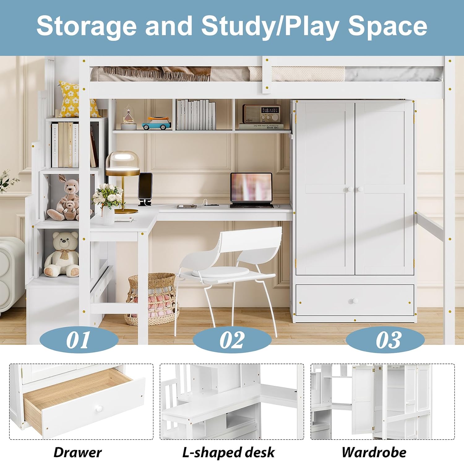 mikibama Full Size Solid Pinewood Loft Bed with Storage Stairs,Charging Station,Bookshelf,Safety Guardrails,Desk and Wardrobe & Drawer for Bedroom,No Box Spring Needed,Easy Assembly,White